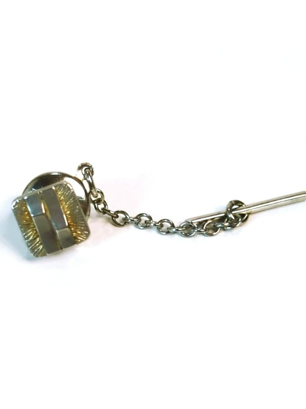 Vintage Gold & Silver-Tone Tie Tack With Chain And Bar Geometric Square Design